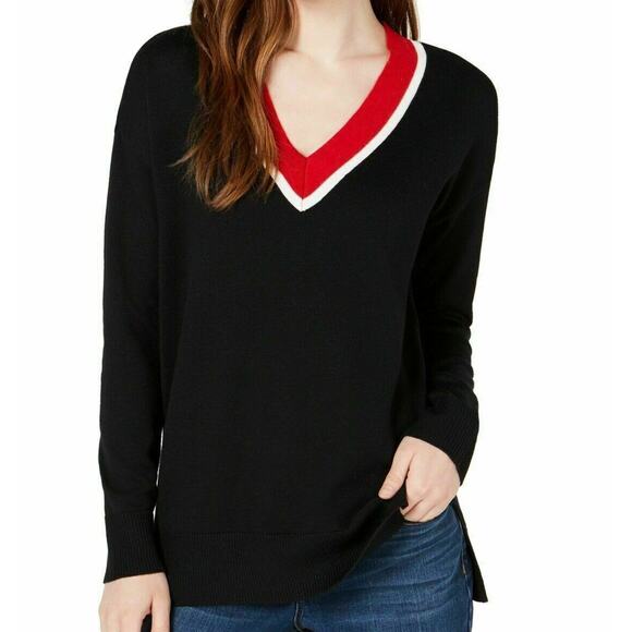 MAISON JULES, Ladies Black, Red, & White V-Neck Sweater, Size Extra Small, NWOT - Picture 1 of 5